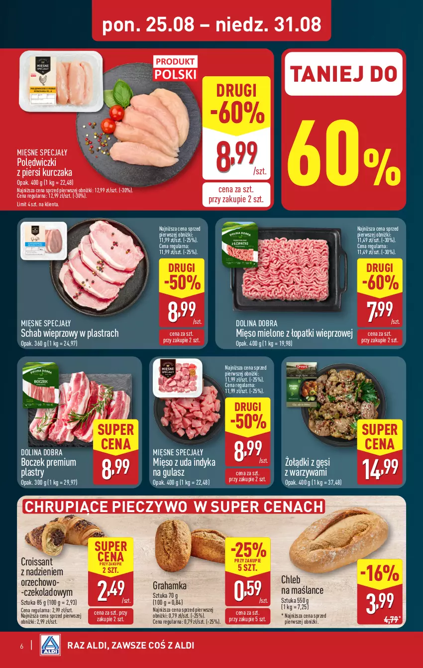 Gazetka promocyjna Aldi - Pełna oferta - ważna 25.08 do 31.08.2025 - strona 6 - produkty: Boczek, Chleb, Croissant, Gra, Kurczak, Mięsne specjały, Mięso, Mięso mielone, Mięso mielone z łopatki wieprzowej, Piec, Pieczywo, Schab wieprzowy, Warzywa