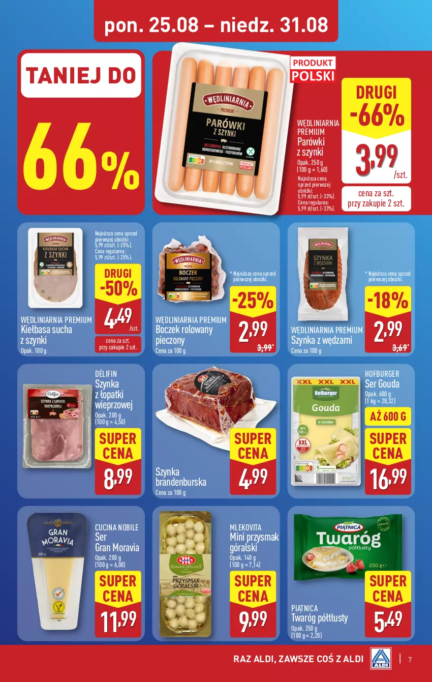 Gazetka promocyjna Aldi - Pełna oferta - ważna 25.08 do 31.08.2025 - strona 7 - produkty: Boczek, Burger, Gouda, Gra, Hofburger, Kiełbasa, Mleko, Mlekovita, Parówki, Parówki z szynki, Piątnica, Piec, Ser, Szynka, Twaróg, Twaróg półtłusty