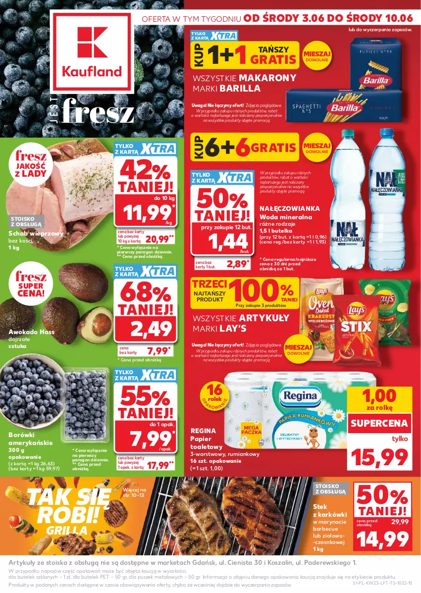Gazetka promocyjna Kaufland - Gazetka tygodnia - ważna 03.06 do 10.06.2026 - strona 1 - produkty: Barilla, Gin, Gra, Grill, Kosz, Lay’s, Makaron, Nałęczowianka, Papier, Papier toaletowy, Por, Rum, Schab wieprzowy, Sok, Stek, Szal, Waga, Woda, Woda mineralna