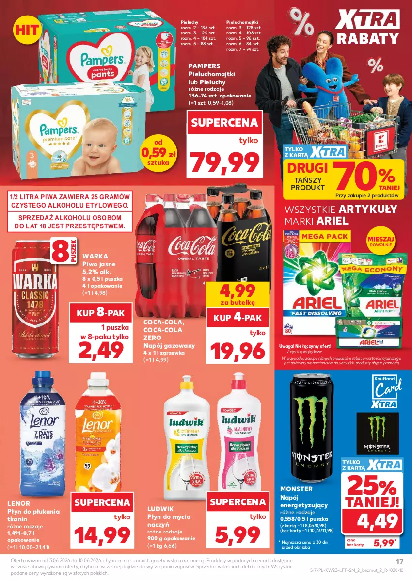 Gazetka promocyjna Kaufland - Gazetka tygodnia - ważna 03.06 do 10.06.2026 - strona 17 - produkty: Ariel, Coca-Cola, Do mycia naczyń, Gra, Lenor, Ludwik, Majtki, Napój, Napój gazowany, Pampers, Pieluchomajtki, Pieluchy, Piwa, Piwo, Piwo jasne, Płyn do mycia, Płyn do mycia naczyń, Płyn do płukania, Por, Waga, Warka