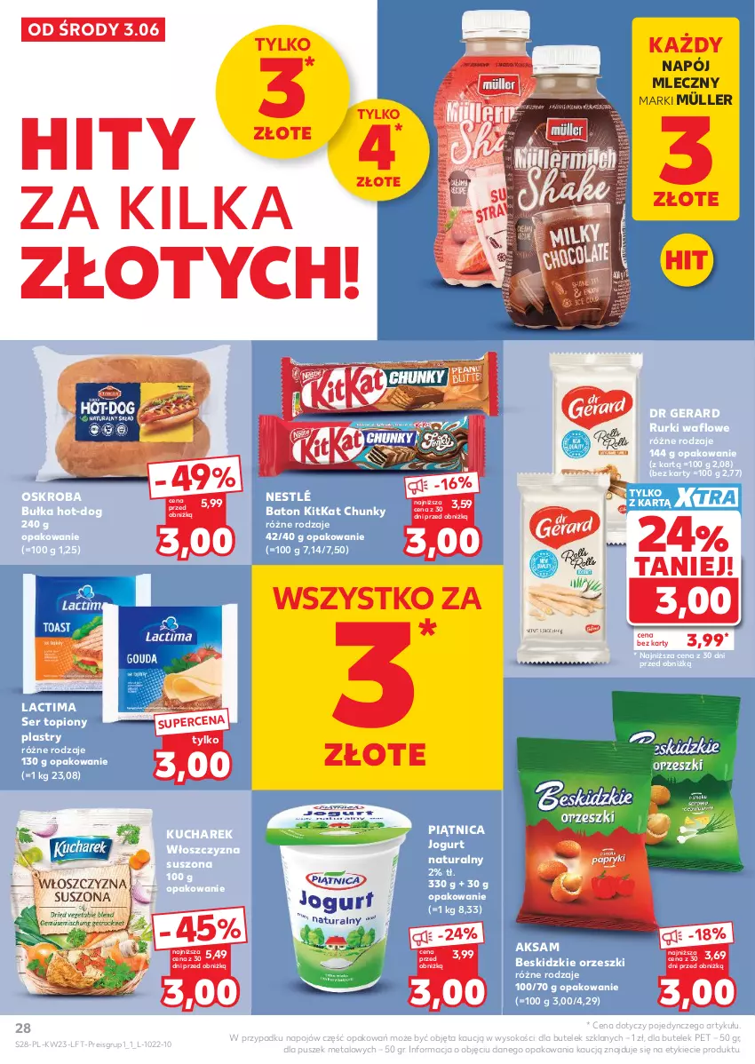 Gazetka promocyjna Kaufland - Gazetka tygodnia - ważna 03.06 do 10.06.2026 - strona 28 - produkty: Aksam, Baton, Beskidzki, Bułka, Dr Gerard, Jogurt, Jogurt naturalny, Kucharek, Müller, Napój, Napój mleczny, Nestlé, Orzeszki, Piątnica, Rurki, Ser, Ser topiony, Sok, Top
