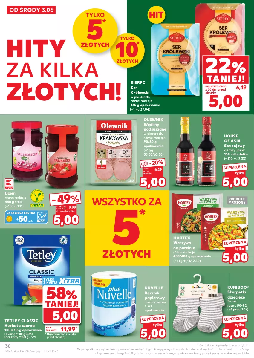 Gazetka promocyjna Kaufland - Gazetka tygodnia - ważna 03.06 do 10.06.2026 - strona 30 - produkty: Dżem, Dzieci, Herbata, Herbata czarna, Hortex, House of Asia, Karp, Królewski, Olewnik, Papier, Ręcznik, Ser, Skarpetki, Sok, Sos, Sos sojowy, Tetley, Warzywa