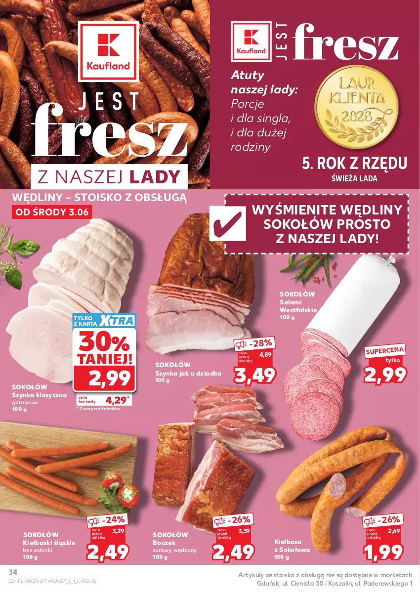 Gazetka promocyjna Kaufland - Gazetka tygodnia - ważna 03.06 do 10.06.2026 - strona 34 - produkty: Boczek, Fa, Kiełbasa, Kiełbaski śląskie, Kosz, Por, Salami, Sok, Sokołów, Szal, Szynka