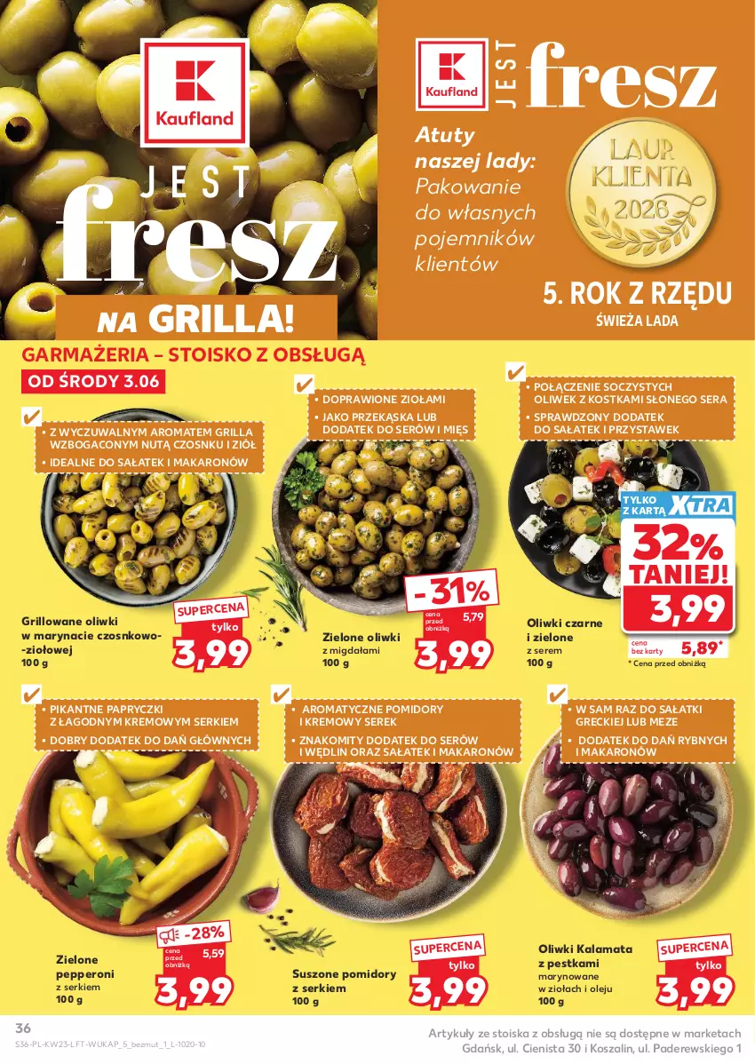 Gazetka promocyjna Kaufland - Gazetka tygodnia - ważna 03.06 do 10.06.2026 - strona 36 - produkty: Grill, Kosz, Makaron, Olej, Oliwki, Oliwki czarne, Pojemnik, Pomidory, Sałat, Ser, Serek, Suszone pomidory, Szal