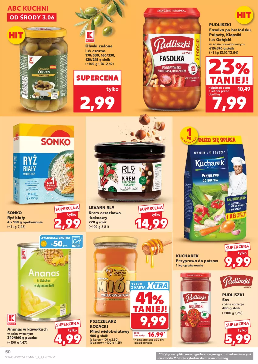 Gazetka promocyjna Kaufland - Gazetka tygodnia - ważna 03.06 do 10.06.2026 - strona 50 - produkty: Ananas, Fa, Kakao, Kawa, Klopsiki, Kucharek, Miód, Oliwki, Oliwki zielone, Przyprawa do potraw, Pudliszki, Pulpety, Ryż, Ryż biały, Sok, Sonko, Sos