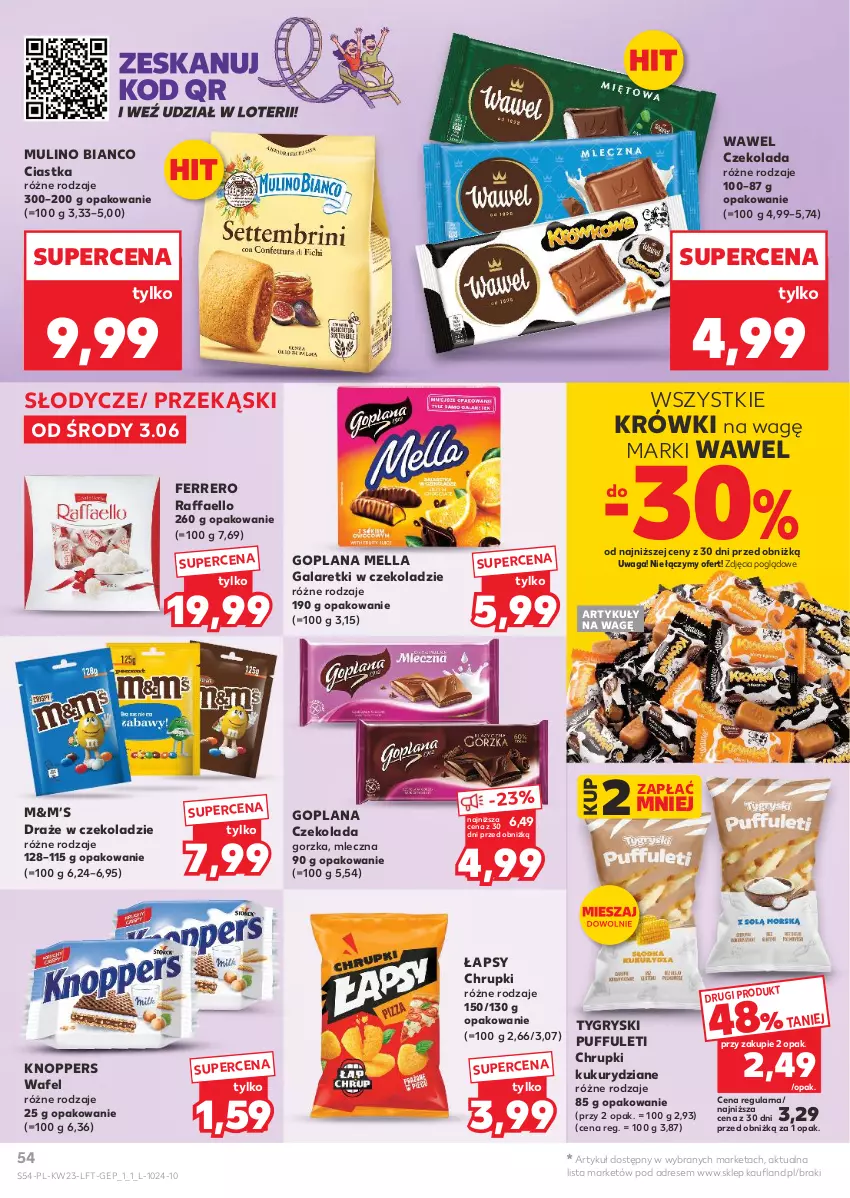 Gazetka promocyjna Kaufland - Gazetka tygodnia - ważna 03.06 do 10.06.2026 - strona 54 - produkty: Chrupki, Ciastka, Czekolada, Czekolada gorzka, Dres, Fa, Ferrero, Gala, Galaretki, Goplana, Gry, Knoppers, LANA, Puf, Raffaello, Waga, Wawel