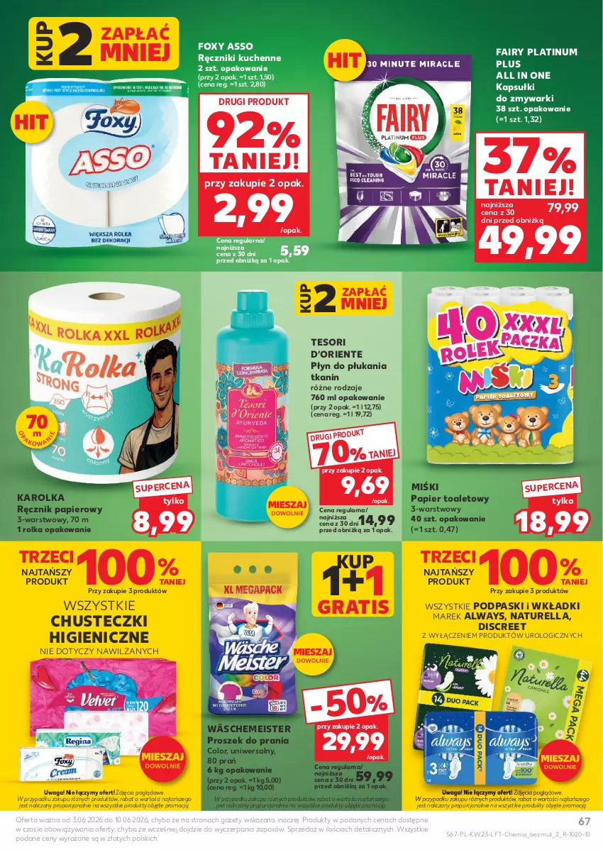 Gazetka promocyjna Kaufland - Gazetka tygodnia - ważna 03.06 do 10.06.2026 - strona 67 - produkty: Always, Chusteczki, Discreet, Fa, Fairy, Foxy, Gra, Naturell, Naturella, Papier, Papier toaletowy, Płyn do płukania, Podpaski, Por, Proszek do prania, Ręcznik, Waga, Wkładki, Zmywarki