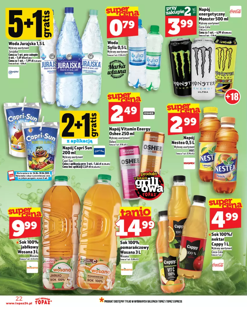 Gazetka promocyjna Topaz - Gazetka - ważna 24.04 do 30.04.2025 - strona 22 - produkty: Cappy, Coca-Cola, Napój, Nektar, Nestea, Oshee, Sok, Top, Woda, Wosana