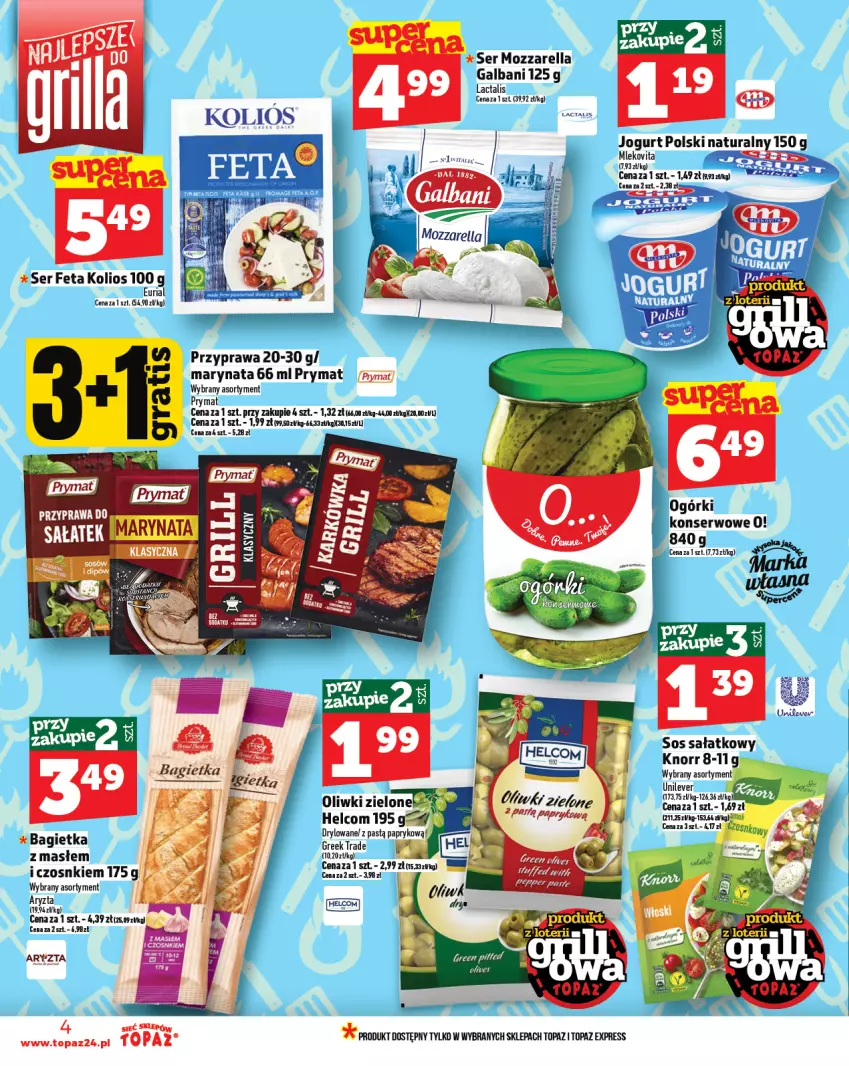 Gazetka promocyjna Topaz - Gazetka - ważna 24.04 do 30.04.2025 - strona 4 - produkty: Bagietka, Feta, Galbani, HELCOM, Jogurt, Kamis, Knorr, Mleko, Mlekovita, Mozzarella, Ogórki konserwowe, Prymat, Sałat, Ser, Sos, Top