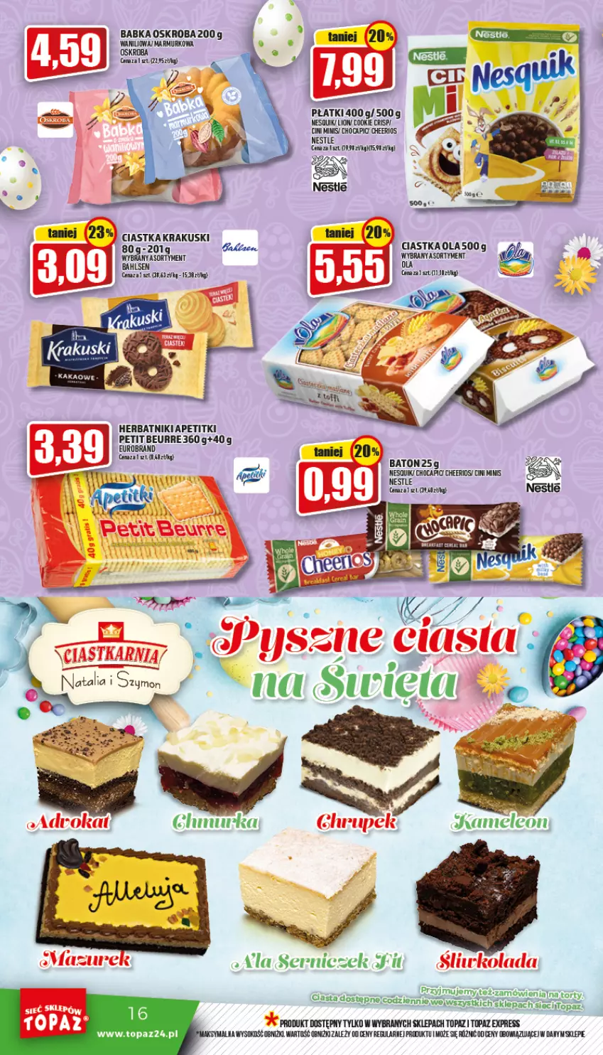 Gazetka promocyjna Topaz - Gazetka - ważna 14.04 do 20.04.2022 - strona 16 - produkty: Babka, Baton, Cheerios, Ciastka, Cini Minis, Eleo, Herbatniki, Krakus, Krakuski, Leon, Lion, Mus, Nesquik, Sok, Top