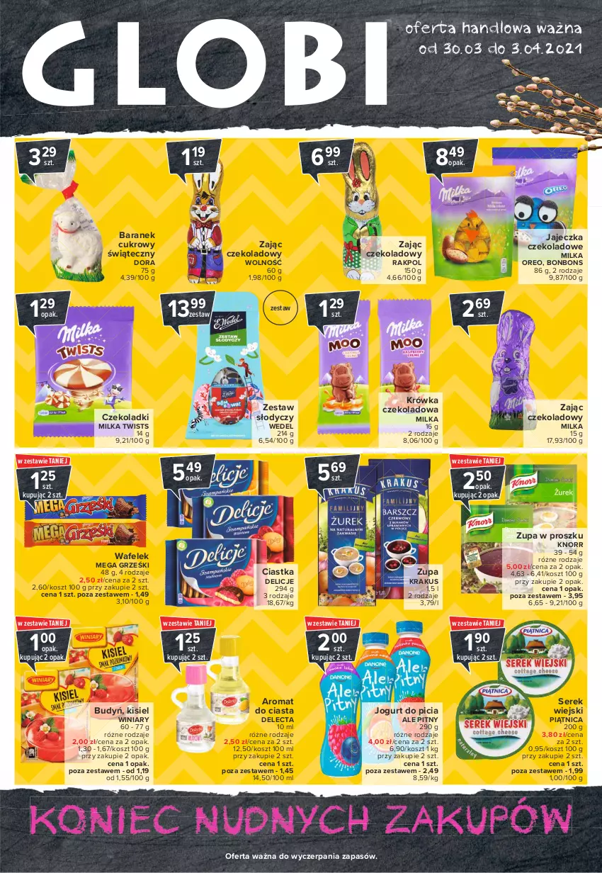 Gazetka promocyjna Carrefour - Gazetka Globi - ważna 29.03 do 03.04.2021 - strona 1 - produkty: Budyń, Ciastka, Delecta, Delicje, Grześki, Jogurt, Kisiel, Knorr, Kosz, Krakus, Milka, Oreo, Piątnica, Ser, Serek, Serek wiejski, Wafelek, Winiary, Zupa