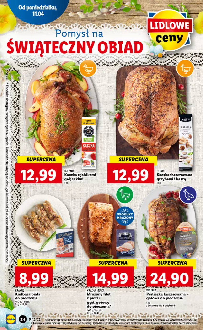 Gazetka promocyjna Lidl - GAZETKA - ważna 11.04 do 13.04.2022 - strona 24 - produkty: Fa, Jabłka, Kaczka, Kaczka faszerowana, Kiełbasa, Kiełbasa biała, Perliczka, Piec