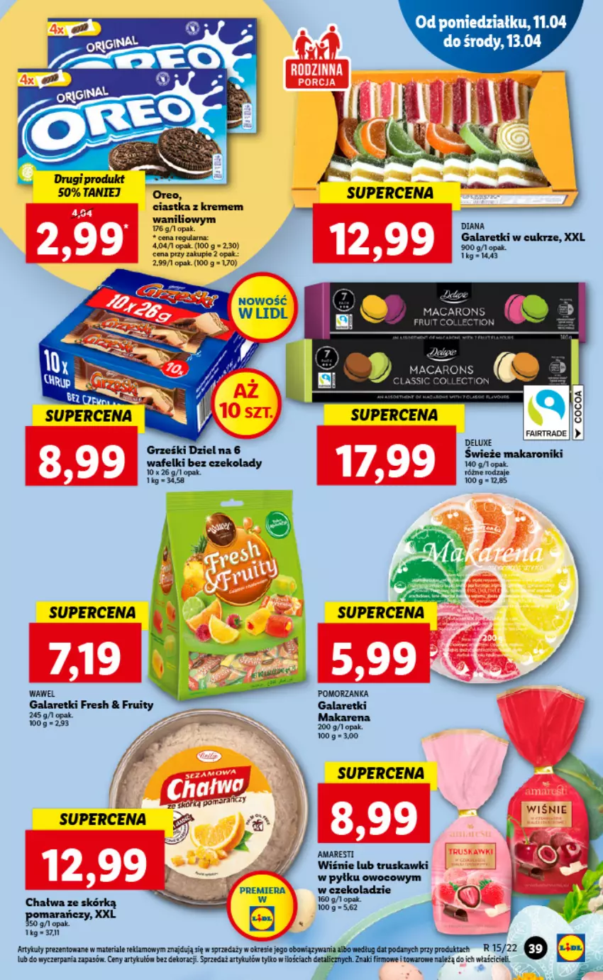 Gazetka promocyjna Lidl - GAZETKA - ważna 11.04 do 13.04.2022 - strona 39 - produkty: Chałwa, Ciastka, Fa, Gala, Galaretki, Grześki, Makaron, Truskawki, Wawel