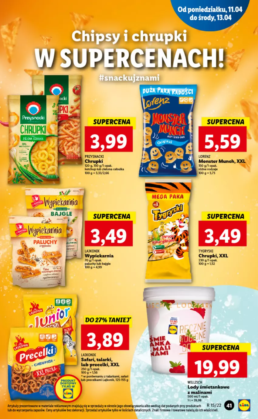 Gazetka promocyjna Lidl - GAZETKA - ważna 11.04 do 13.04.2022 - strona 41 - produkty: Chrupki, Fa, Gry, Ketchup, Lajkonik, Lody, Monster Munch, Por, Precelki