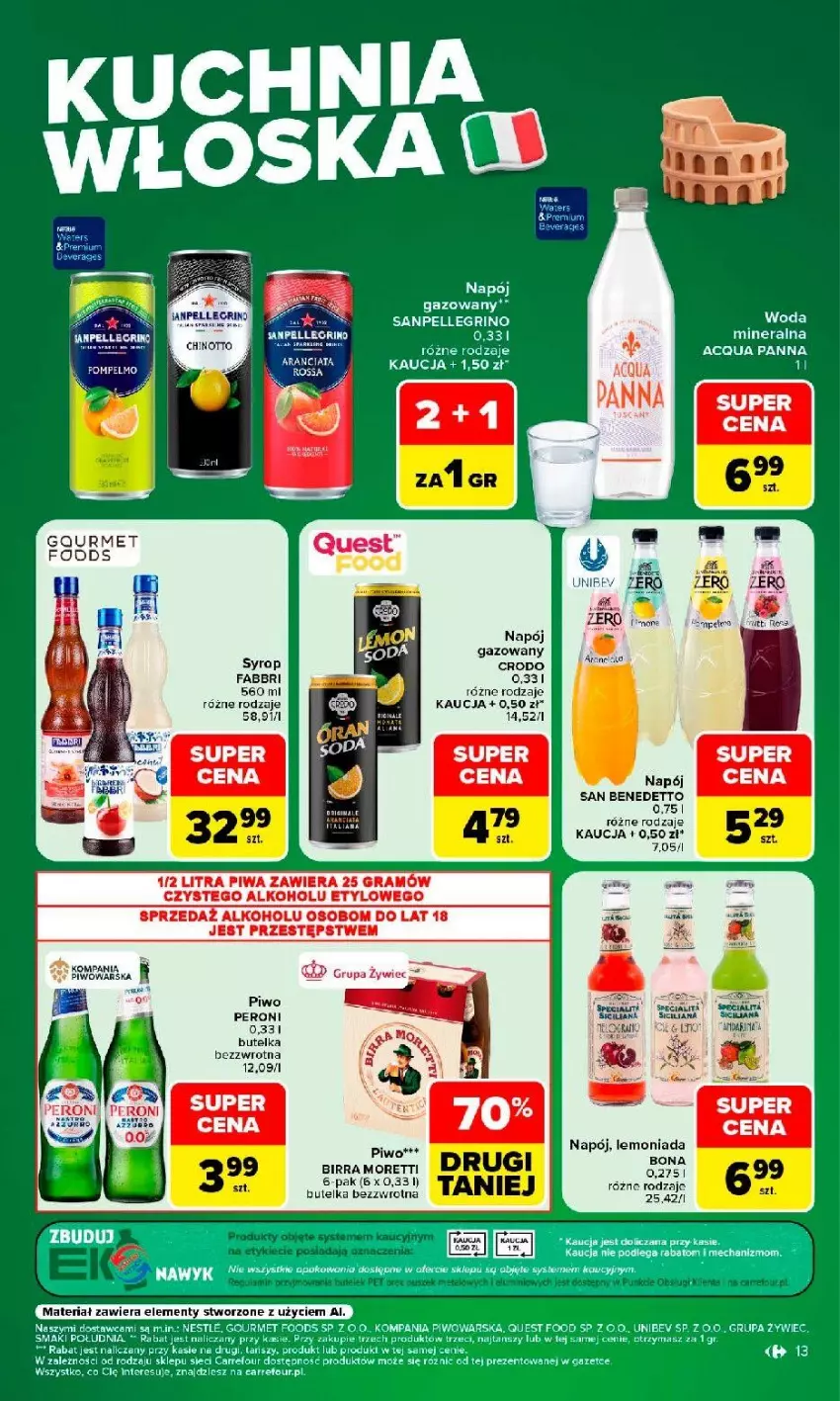 Gazetka promocyjna Carrefour - Gazetka Kuchnia włoska w SUMIE przez cały rok - ważna 10.08 do 22.08.2026 - strona 13 - produkty: Acqua Panna, Fa, Lemoniada, LG, Napój, Napój gazowany, Piwa, Piwo, Syrop, Woda, Woda mineralna