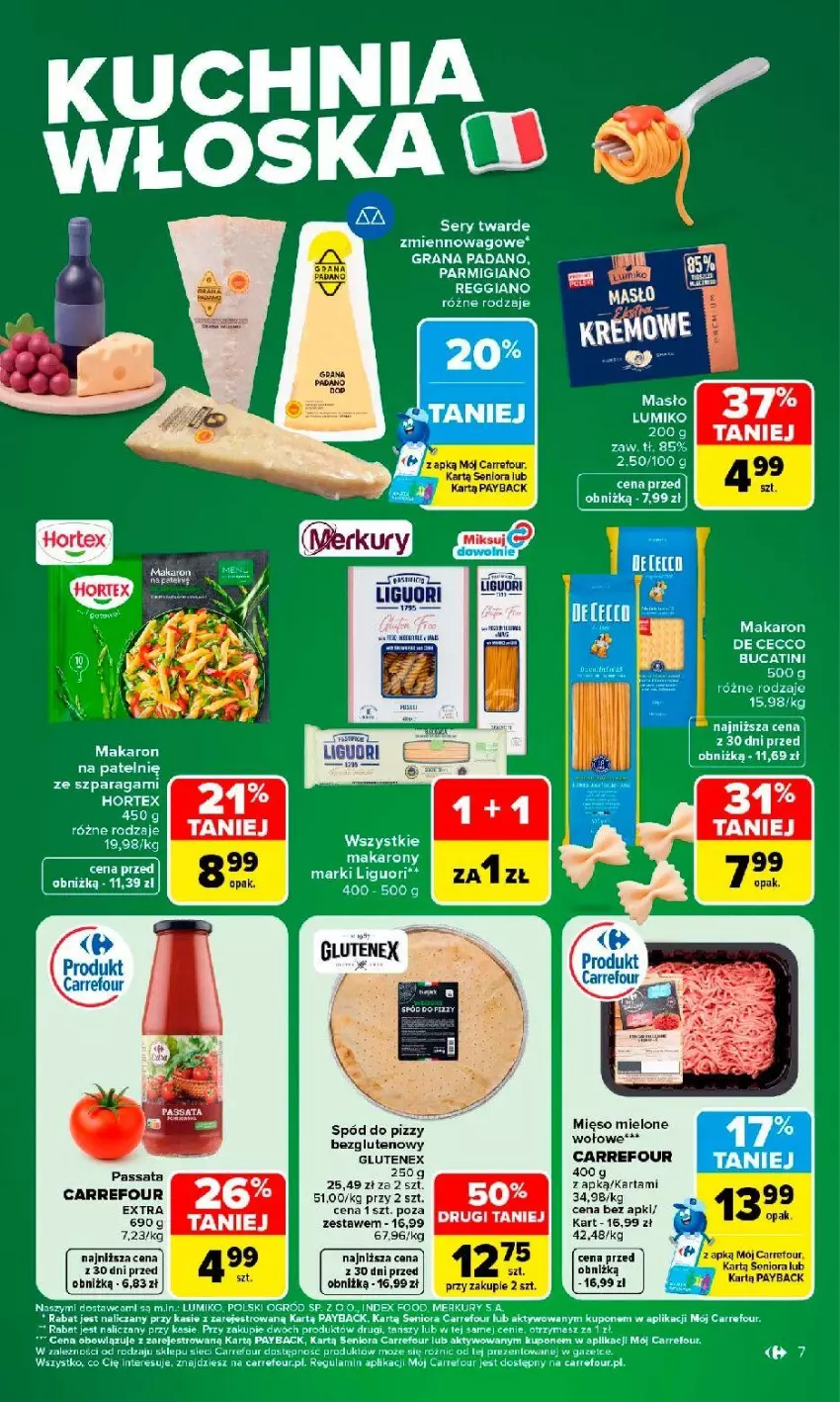 Gazetka promocyjna Carrefour - Gazetka Kuchnia włoska w SUMIE przez cały rok - ważna 10.08 do 22.08.2026 - strona 7 - produkty: Fa, Gra, Hortex, LANA, Makaron, Masło, Mięso, Mięso mielone, Ogród, Ser, Spód do pizzy, Tenex