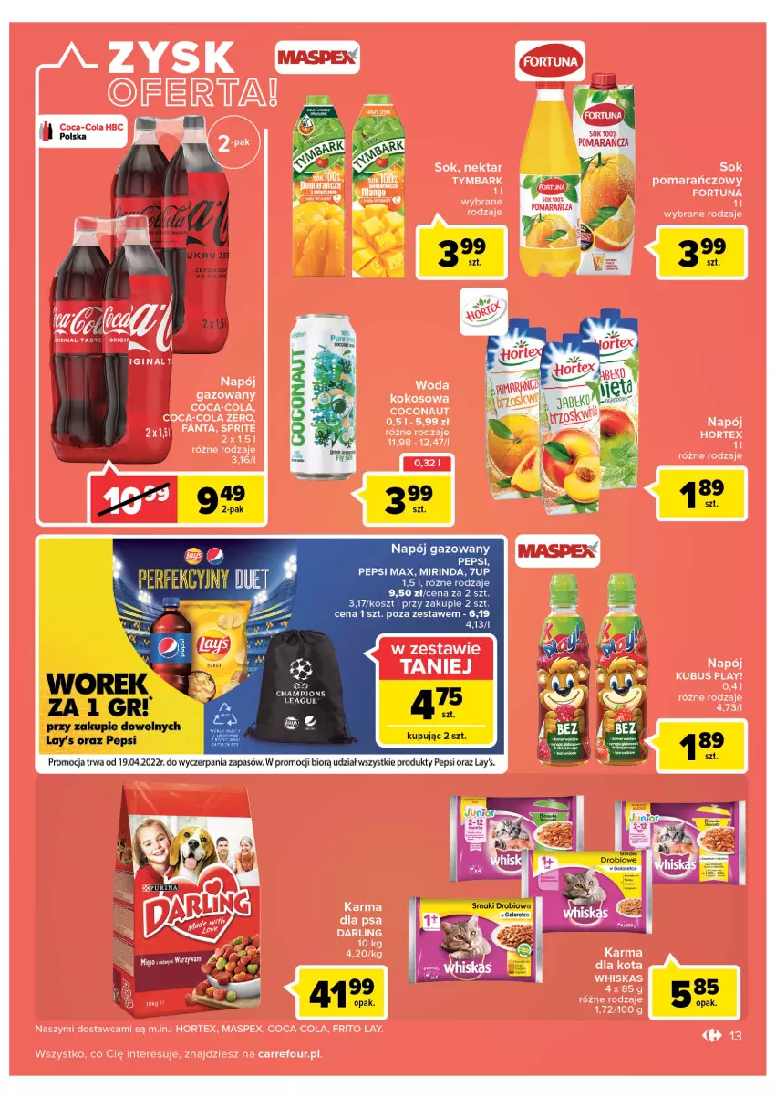 Gazetka promocyjna Carrefour - Gazetka Carrefour - ważna 19.04 do 30.04.2022 - strona 13 - produkty: Coca-Cola, Fa, Fanta, Fortuna, Hortex, Kokos, Kubuś, Mango, Napój, Napój gazowany, Nektar, Pepsi, Sok, Sok pomarańczowy, Sprite, Tymbark, Woda