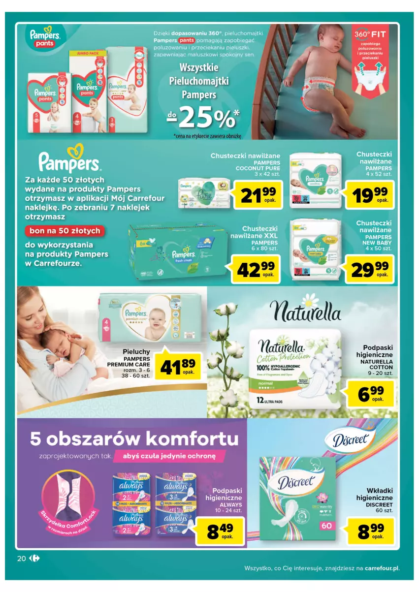 Gazetka promocyjna Carrefour - Gazetka Carrefour - ważna 19.04 do 30.04.2022 - strona 20 - produkty: Always, Discreet, Naturell, Naturella, Pampers, Pieluchy, Podpaski, Wkładki