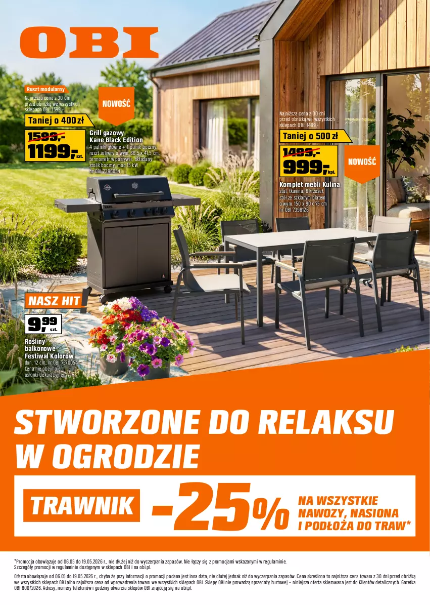 Gazetka promocyjna Obi - Gazetka OBI - ważna 06.05 do 19.05.2026 - strona 1 - produkty: Dres, Grill, Grill gazowy, Lack, Stół, Stolik, Telefon, Termometr