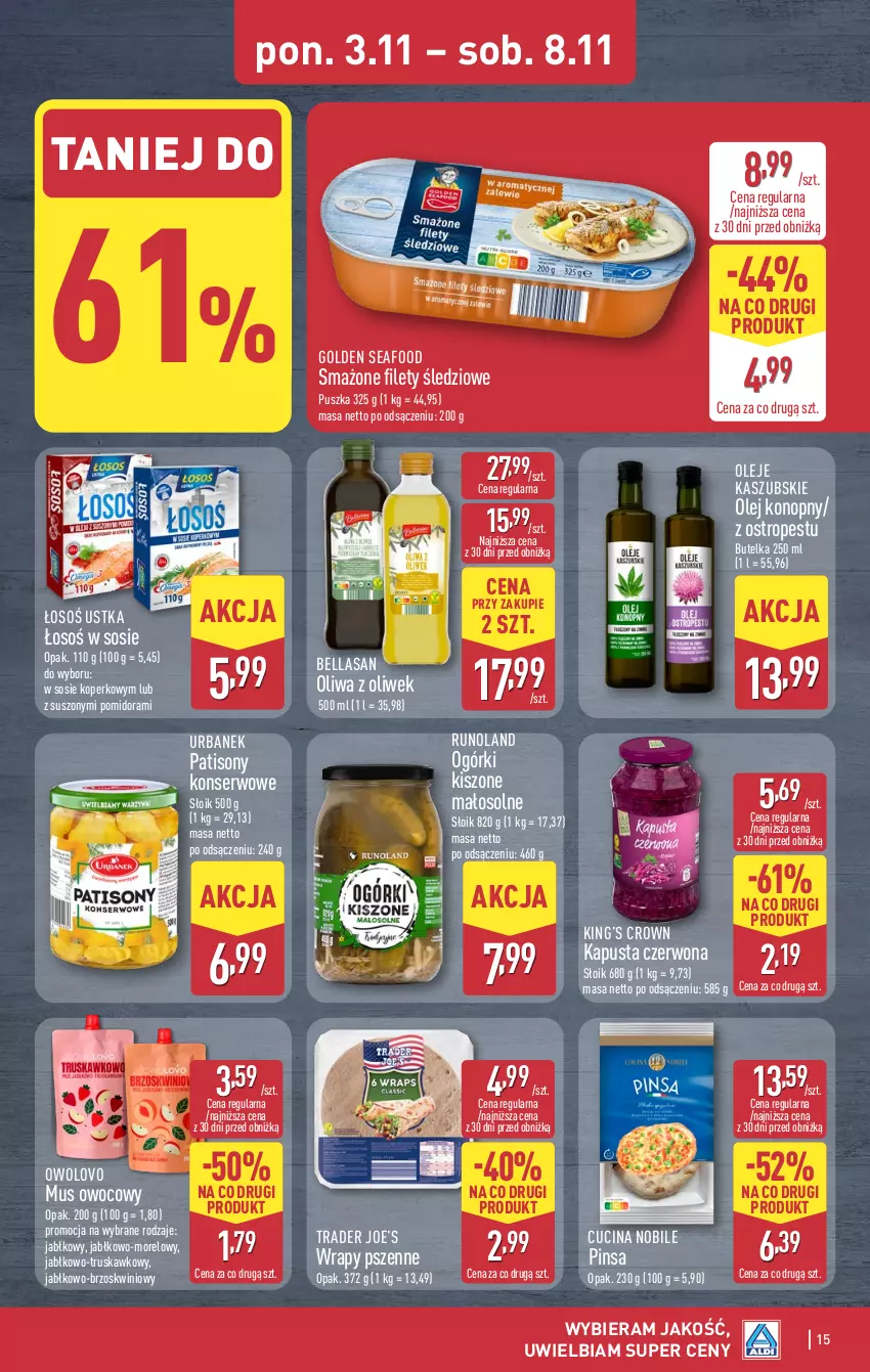 Gazetka promocyjna Aldi - Pełna oferta - ważna 03.11 do 08.11.2025 - strona 15 - produkty: Bell, Bella, Golden Seafood, King’s Crown, Mus, Olej, Oliwa, Oliwa z oliwek, Ostropes, Runoland, Ser, Sony, Sos