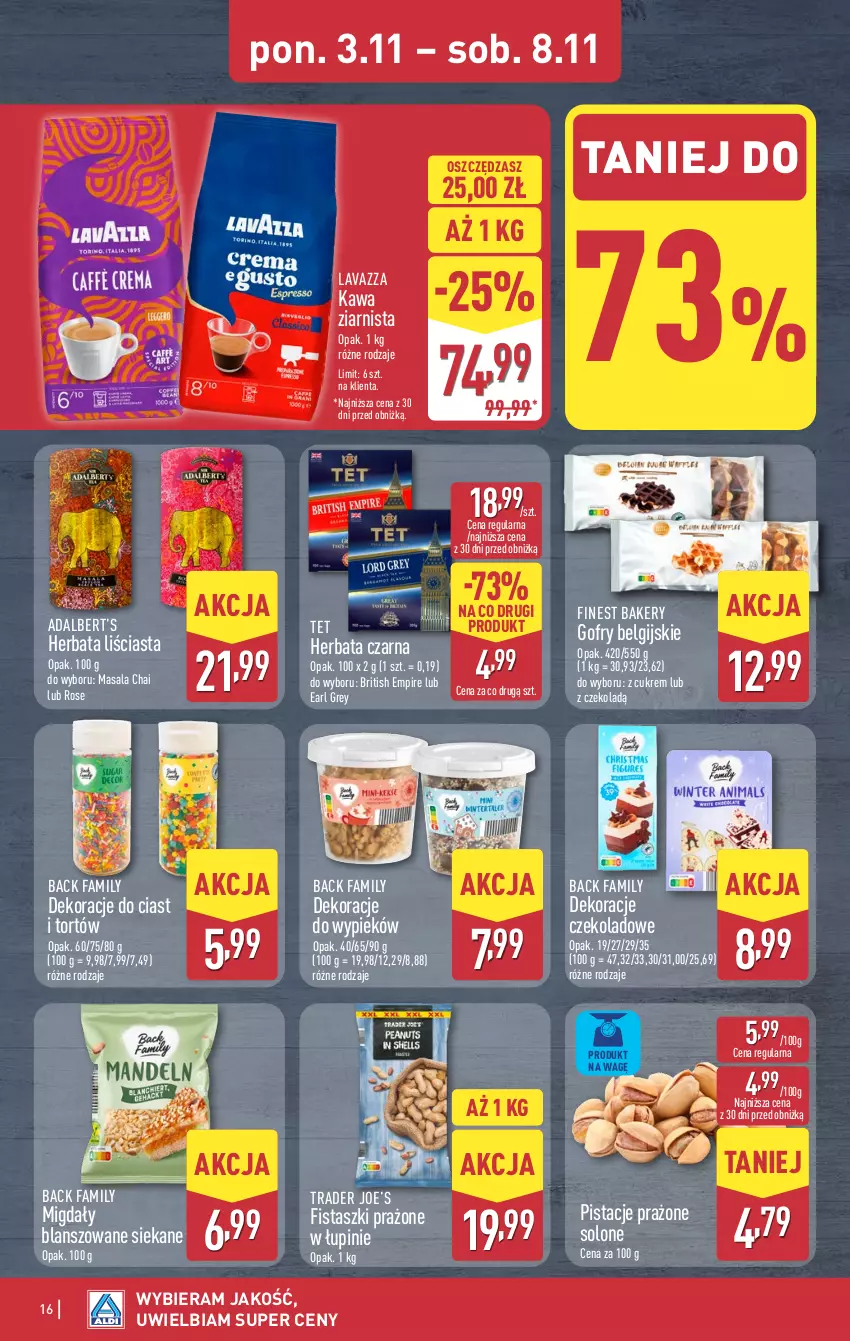 Gazetka promocyjna Aldi - Pełna oferta - ważna 03.11 do 08.11.2025 - strona 16 - produkty: Brit, Earl Grey, Fa, Gofry, Herbata, Herbata czarna, Kawa, Kawa ziarnista, Lavazza, LG, Migdały, Pistacje