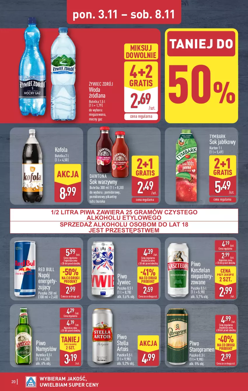 Gazetka promocyjna Aldi - Pełna oferta - ważna 03.11 do 08.11.2025 - strona 20 - produkty: Dawtona, Gra, Kasztelan, LANA, Namysłów, Napój, Piwa, Piwo, Red Bull, Sok, Sok jabłkowy, Tymbark, Woda