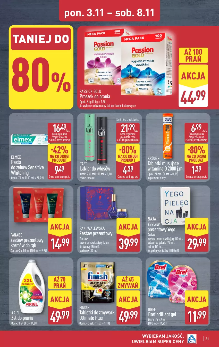 Gazetka promocyjna Aldi - Pełna oferta - ważna 03.11 do 08.11.2025 - strona 21 - produkty: Ariel, Balsam po goleniu, Bref, Elmex, Fa, Finish, Krem do twarzy, Krem nawilżający, Lakier, Lakier do włosów, Mus, Pasta do zębów, Perfum, Proszek do prania, Suplement diety, Tablet, Tabletki do zmywarki, Tabletki musujące, Taft, Zestaw prezentowy, Ziaja, Zmywarki