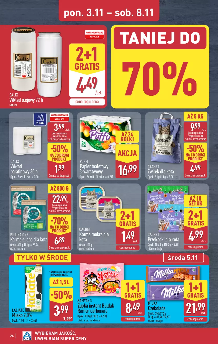 Gazetka promocyjna Aldi - Pełna oferta - ważna 03.11 do 08.11.2025 - strona 24 - produkty: Czekolada, Gra, Milka, Mleko, Olej, Papier, Papier toaletowy, Przekąski dla kota, Puf, Pur, Purina, Rolki, Wkład olejowy