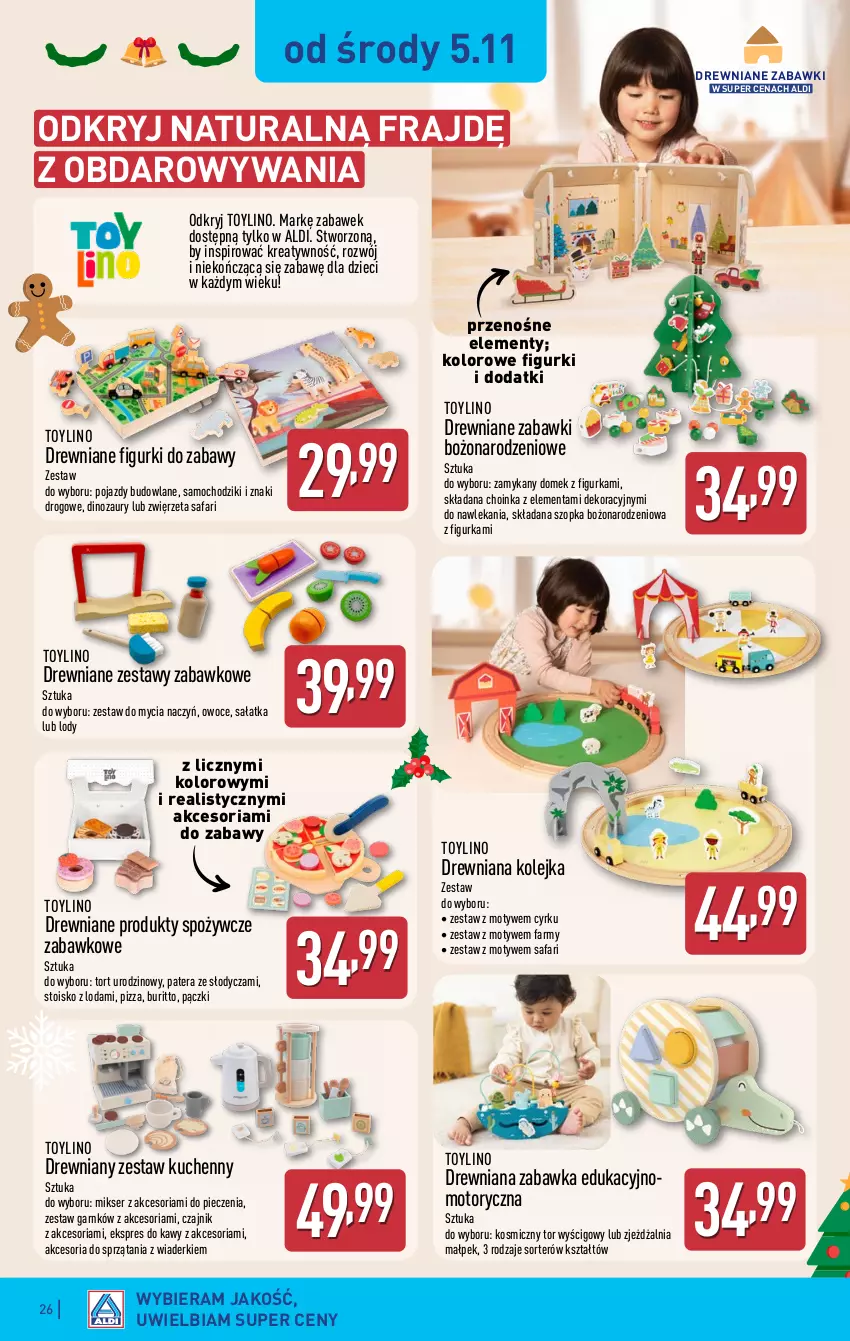 Gazetka promocyjna Aldi - Pełna oferta - ważna 03.11 do 08.11.2025 - strona 26 - produkty: Chodzik, Choinka, Czajnik, Dinozaur, Do mycia naczyń, Drewniana kolejka, Dzieci, Fa, Inka, Kolejka, Lody, Mikser, Olej, Owoce, Piec, Pizza, Pojazd, Pojazdy budowlane, Sałat, Sałatka, Samochodziki, Ser, Tera, Tor wyścigowy, Zabawka