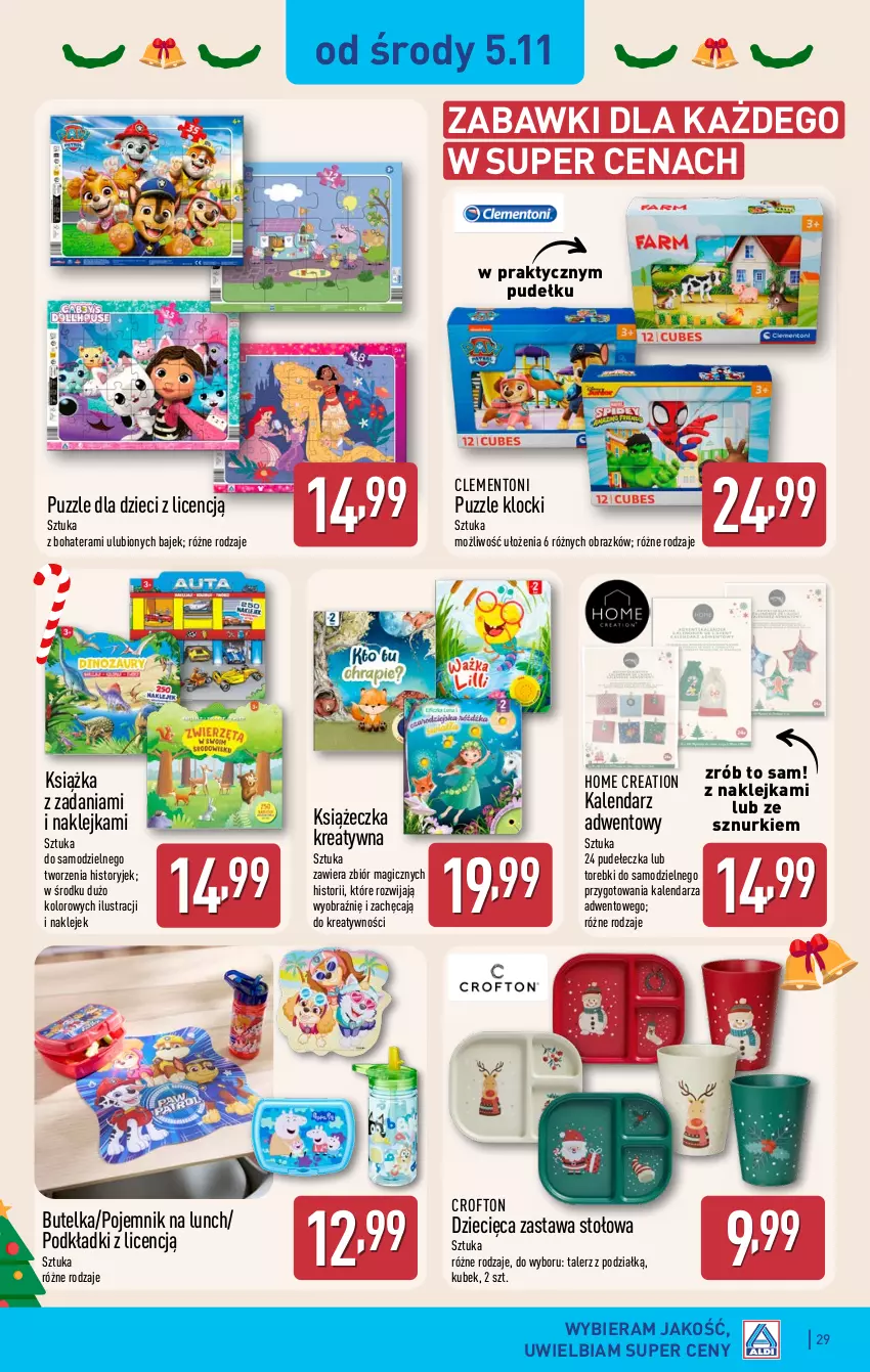 Gazetka promocyjna Aldi - Pełna oferta - ważna 03.11 do 08.11.2025 - strona 29 - produkty: Dzieci, Kalendarz, Kalendarz adwentowy, Klej, Klocki, Książka, Kubek, Obraz, Podkład, Pojemnik, Pojemnik na lunch, Puzzle, Talerz, Tera