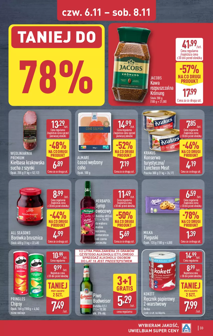 Gazetka promocyjna Aldi - Pełna oferta - ważna 03.11 do 08.11.2025 - strona 33 - produkty: All Seasons, Borówka, Borówka brusznica, Chipsy, Gra, Herbapol, Jacobs, Kawa, Kawa rozpuszczalna, Kiełbasa, Kiełbasa krakowska, Konserwa turystyczna, Krakus, Milka, Papier, Piwa, Piwo, Por, Pringles, Ręcznik, Ser, Syrop