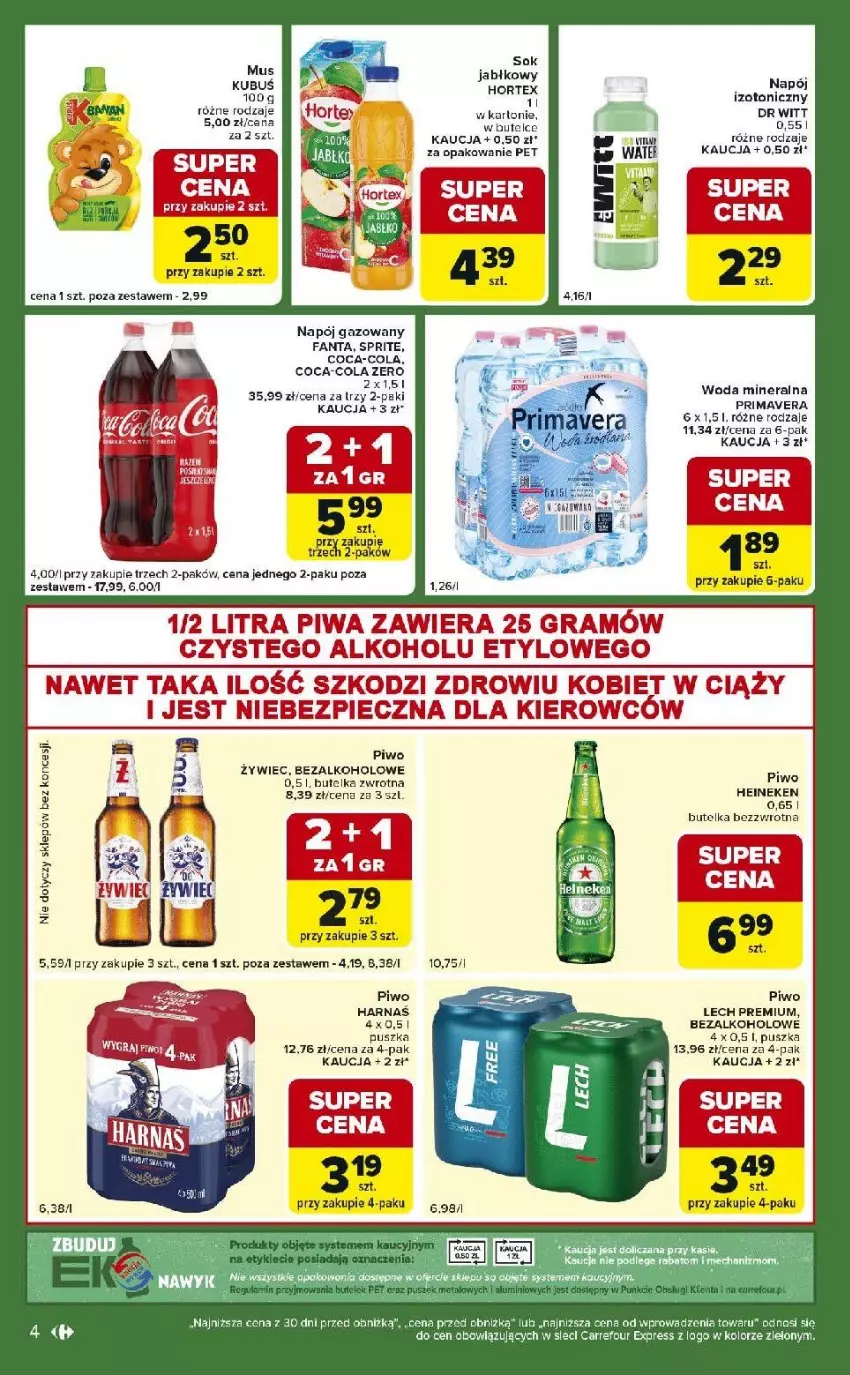 Gazetka promocyjna Carrefour - Gazetka Express - ważna 10.02 do 16.02.2026 - strona 4 - produkty: Coca-Cola, Fa, Fanta, Gra, Harnaś, Heineken, Hortex, Kubuś, Lech Premium, Mus, Napój, Piec, Piwa, Piwo, Prima, Primavera, Sok, Sok jabłkowy, Sprite, Woda, Woda mineralna
