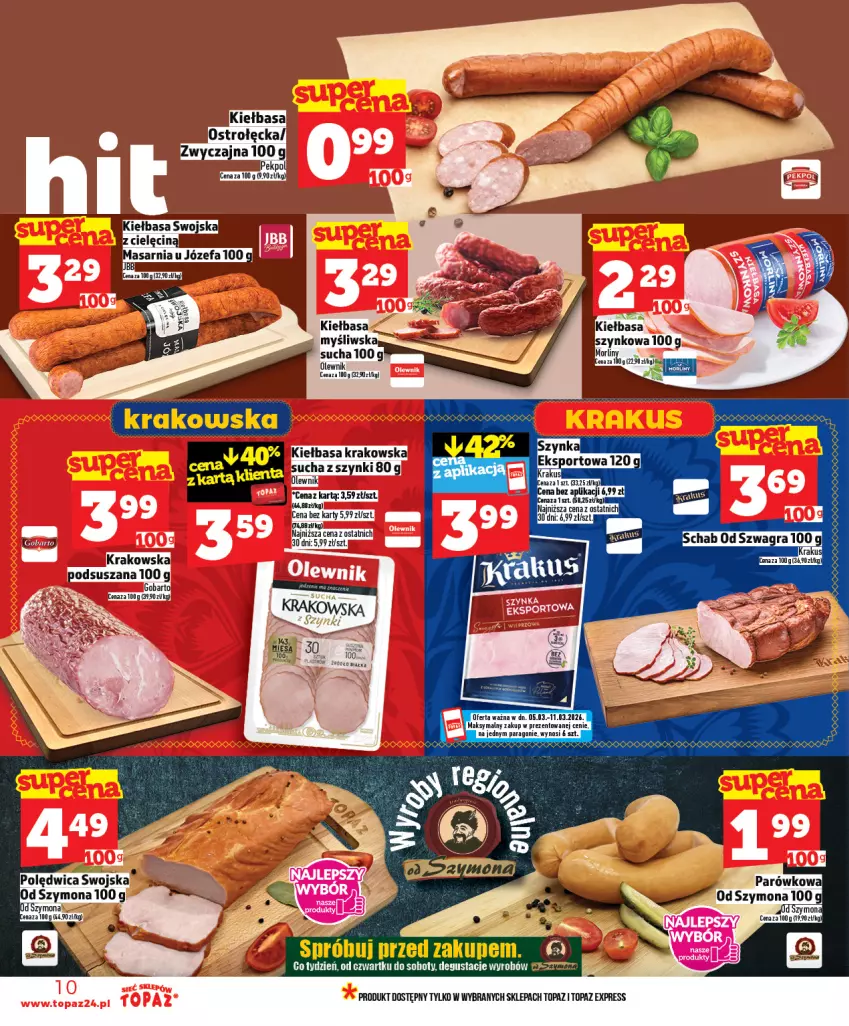 Gazetka promocyjna Topaz - Gazetka - ważna 05.03 do 11.03.2026 - strona 10 - produkty: Kiełbasa, Krakus, Olewnik, Por, Sport, Top