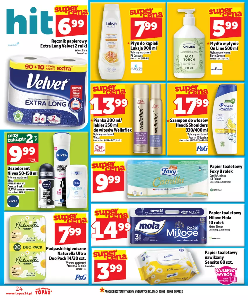 Gazetka promocyjna Topaz - Gazetka - ważna 05.03 do 11.03.2026 - strona 24 - produkty: Dezodorant, Lakier, Luksja, Mola, Mydło, Mydło w płynie, Naturell, Naturella, Nivea, Papier, Papier toaletowy, Płyn do kąpieli, Podpaski, Sito, Szampon, Top, Velvet, Wella, Wellaflex