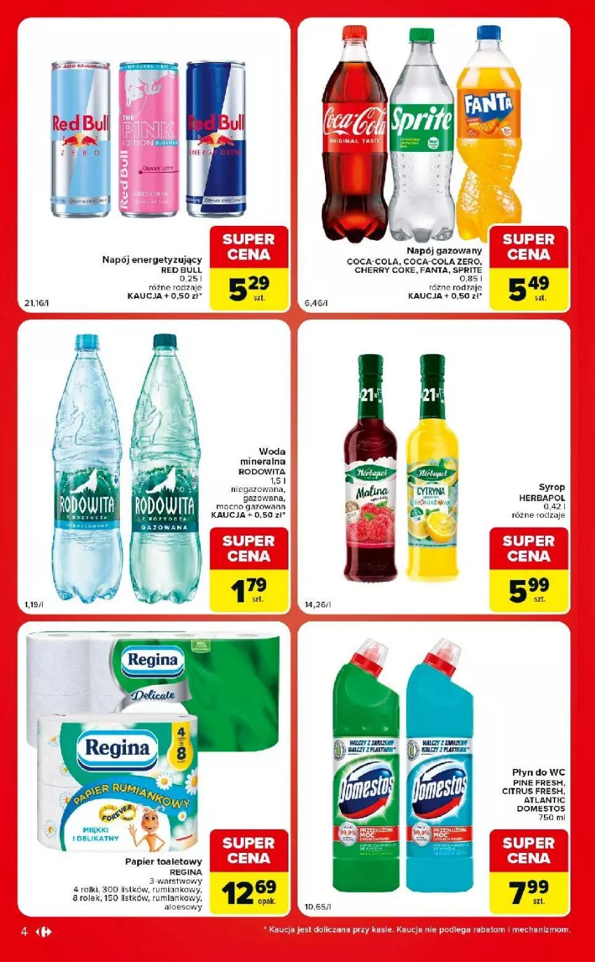Gazetka promocyjna Carrefour - Gazetka Carrefour Market w SUMIE ekspresowe zakupy - ważna 21.07 do 27.07.2026 - strona 4 - produkty: Coca-Cola, Domestos, Fa, Fanta, Gin, Herbapol, Napój, Napój gazowany, Papier, Papier toaletowy, Płyn do wc, Red Bull, Rolki, Rum, Sprite, Syrop, Woda, Woda mineralna