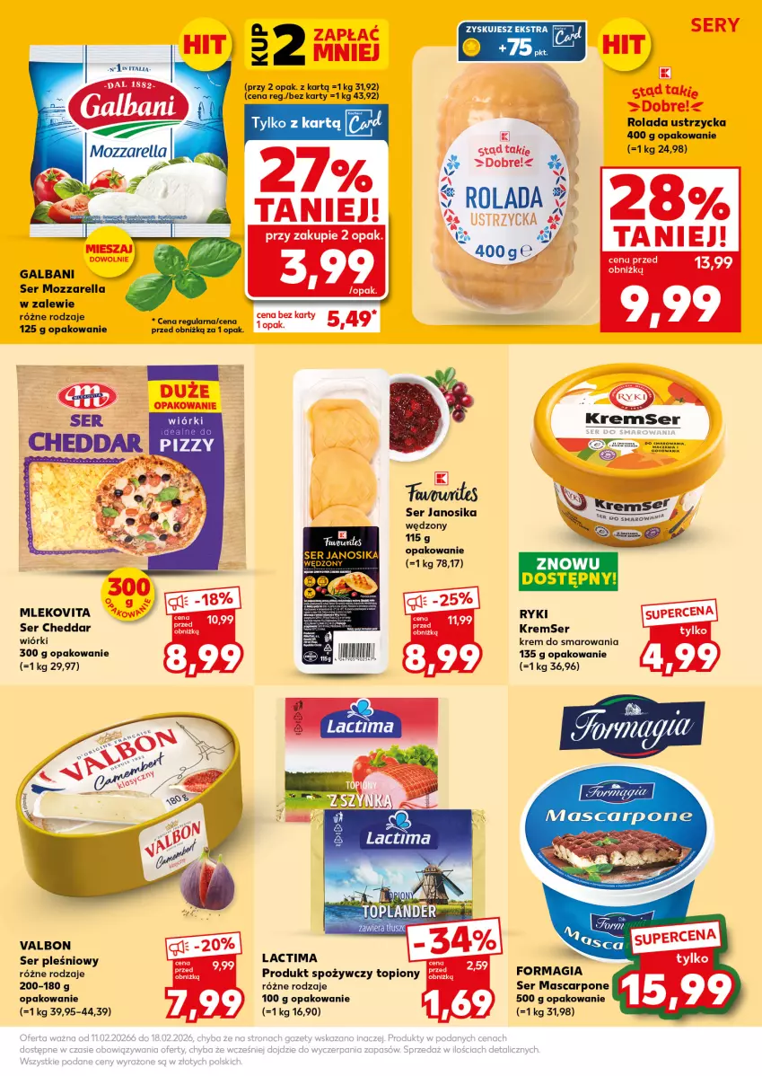 Gazetka promocyjna Kaufland - Mocny Start - ważna 16.02 do 18.02.2026 - strona 21 - produkty: Cheddar, Galbani, Mascarpone, Mleko, Mlekovita, Mozzarella, Rolada, Rolada Ustrzycka, Ser, Ser pleśniowy, Top, Waga