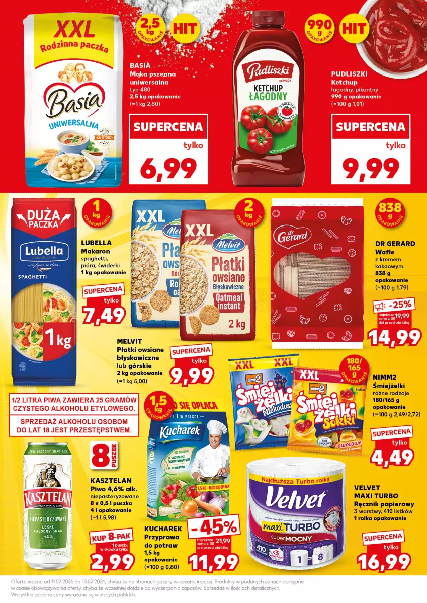 Gazetka promocyjna Kaufland - Mocny Start - ważna 16.02 do 18.02.2026 - strona 9 - produkty: Bell, Bella, Dr Gerard, Kakao, Kasztelan, Ketchup, Kucharek, Lubella, Makaron, Melvit, Nimm2, Papier, Piwo, Płatki owsiane, Przyprawa do potraw, Ręcznik, Spaghetti, Velvet, Wafle