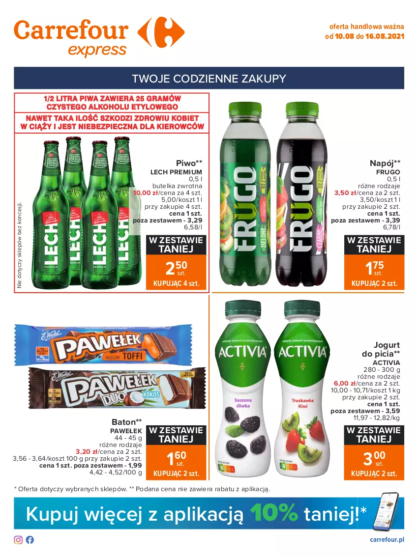 Gazetka promocyjna Carrefour - Gazetka Express - ważna 09.08 do 16.08.2021 - strona 1 - produkty: Activia, Baton, Gra, Jogurt, Kosz, Lech Premium, Napój, Piec, Piwa, Piwo