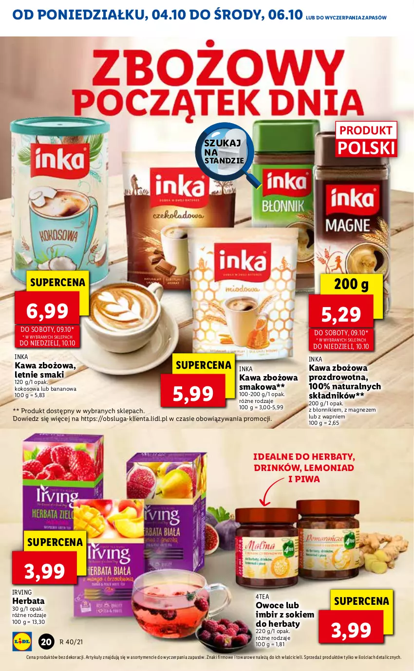 Gazetka promocyjna Lidl - GAZETKA - ważna 04.10 do 06.10.2021 - strona 20 - produkty: Herbata, Imbir, Inka, Irving, Kawa, Kawa zbożowa, Kokos, Magnez, Owoce, Piwa, Sok