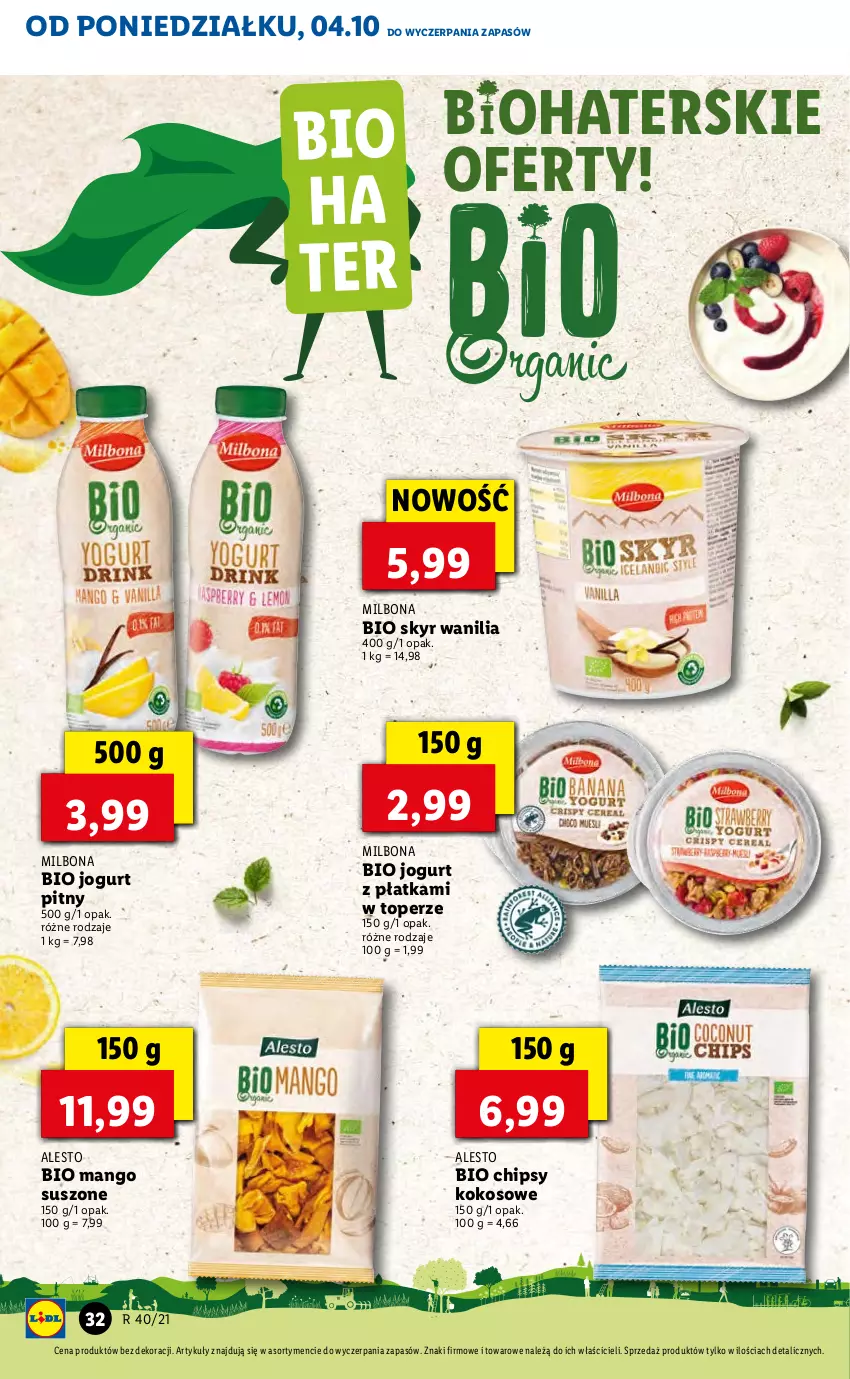 Gazetka promocyjna Lidl - GAZETKA - ważna 04.10 do 06.10.2021 - strona 32 - produkty: Chipsy, Jogurt, Jogurt pitny, Kokos, Mango, Mango suszone, Top