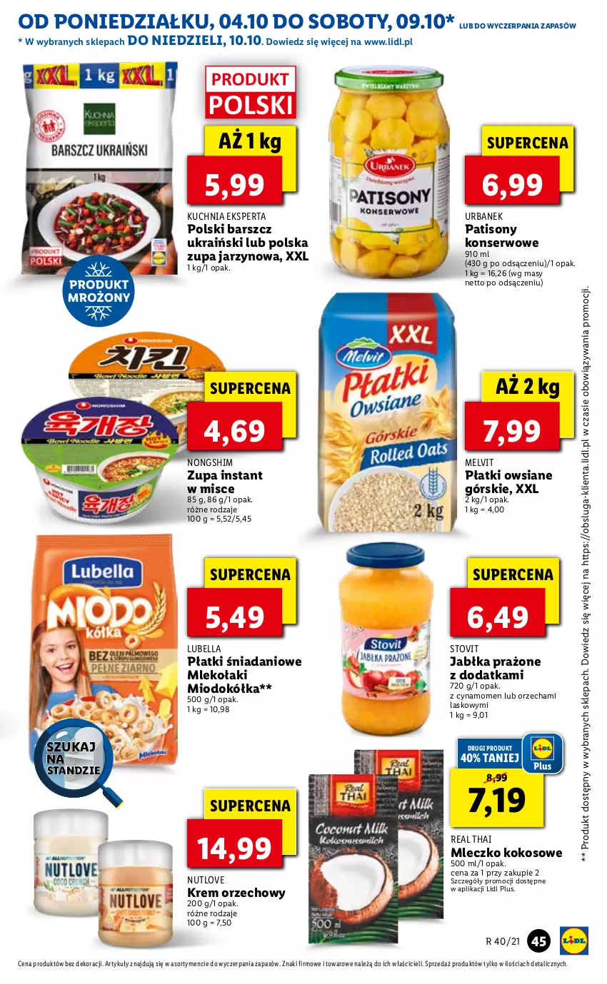 Gazetka promocyjna Lidl - GAZETKA - ważna 04.10 do 06.10.2021 - strona 45 - produkty: Bell, Bella, Danio, Jabłka, Jabłka prażone, Kokos, Krem orzechowy, Kuchnia, Lubella, Melvit, Mleczko, Mleko, Płatki owsiane, Ser, Sony, Zupa