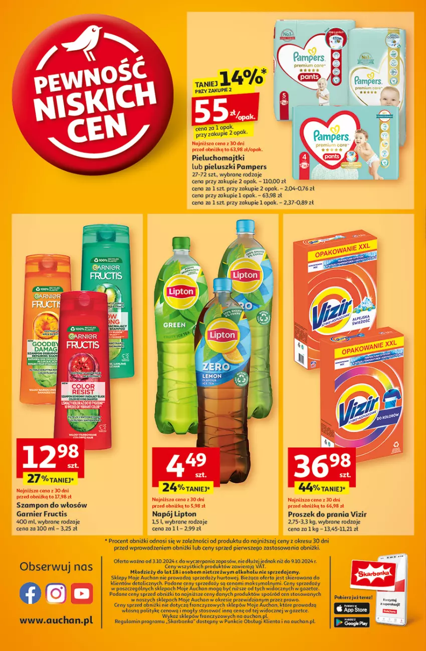 Gazetka promocyjna Auchan - Pewność Niskich Cen Moje - ważna 03.10 do 09.10.2024 - strona 10 - produkty: Fa, Fructis, Garnier, Gra, Kiwi, Lipton, Majtki, Napój, Pampers, Pieluchomajtki, Proszek do prania, Ser, Szampon, Tera, Vizir