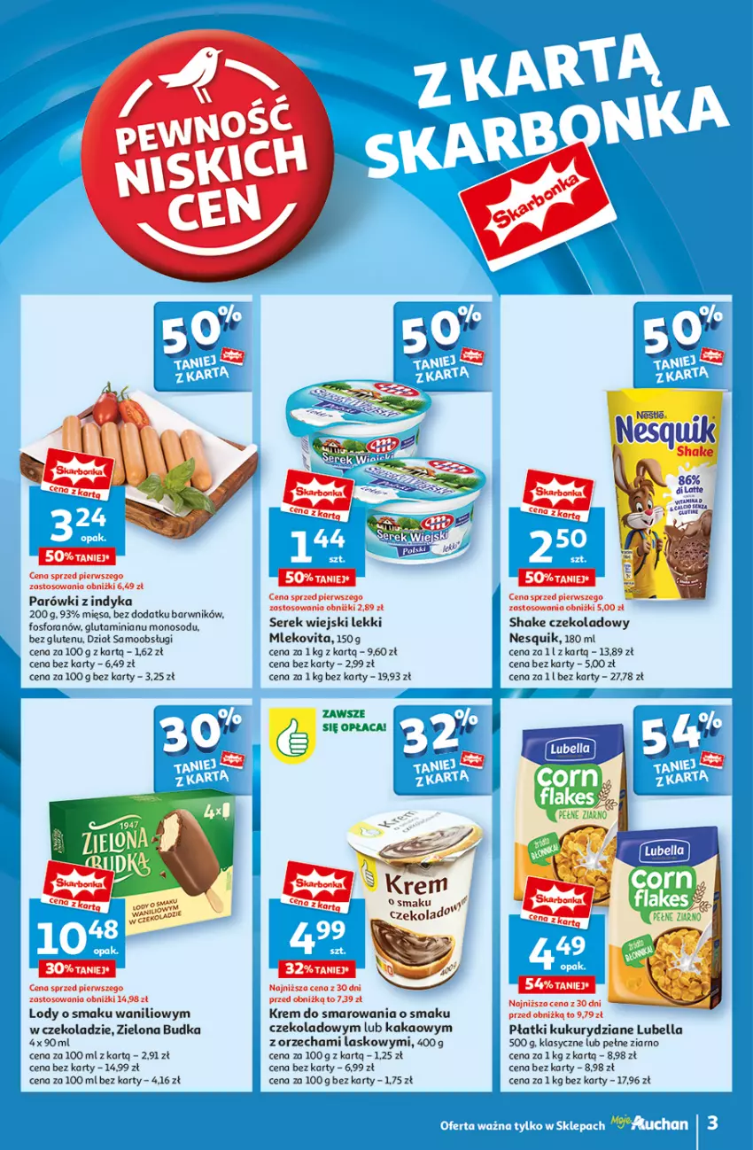 Gazetka promocyjna Auchan - Pewność Niskich Cen Moje - ważna 03.10 do 09.10.2024 - strona 3 - produkty: Bell, Bella, Kakao, Lody, Lubella, Mleko, Mlekovita, Nesquik, Parówki, Parówki z indyka, Ser, Serek, Serek wiejski, Zielona Budka