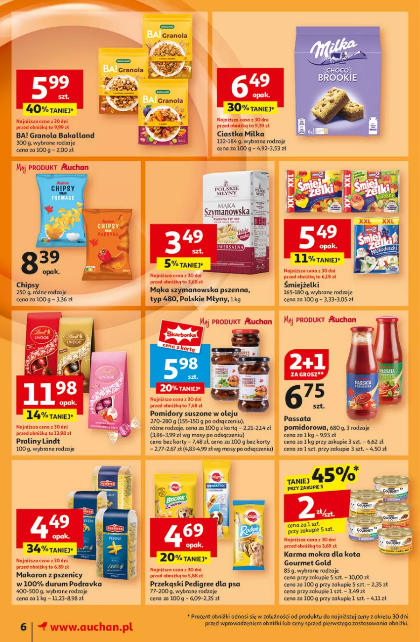 Gazetka promocyjna Auchan - Pewność Niskich Cen Moje - ważna 03.10 do 09.10.2024 - strona 8 - produkty: Ba!, Bakalland, Chipsy, Ciastka, Gourmet Gold, Gra, Granola, Lindt, Mąka, Makaron, Milka, Olej, Pedigree, Podravka, Polskie Młyny, Pomidory, Praliny, Rum