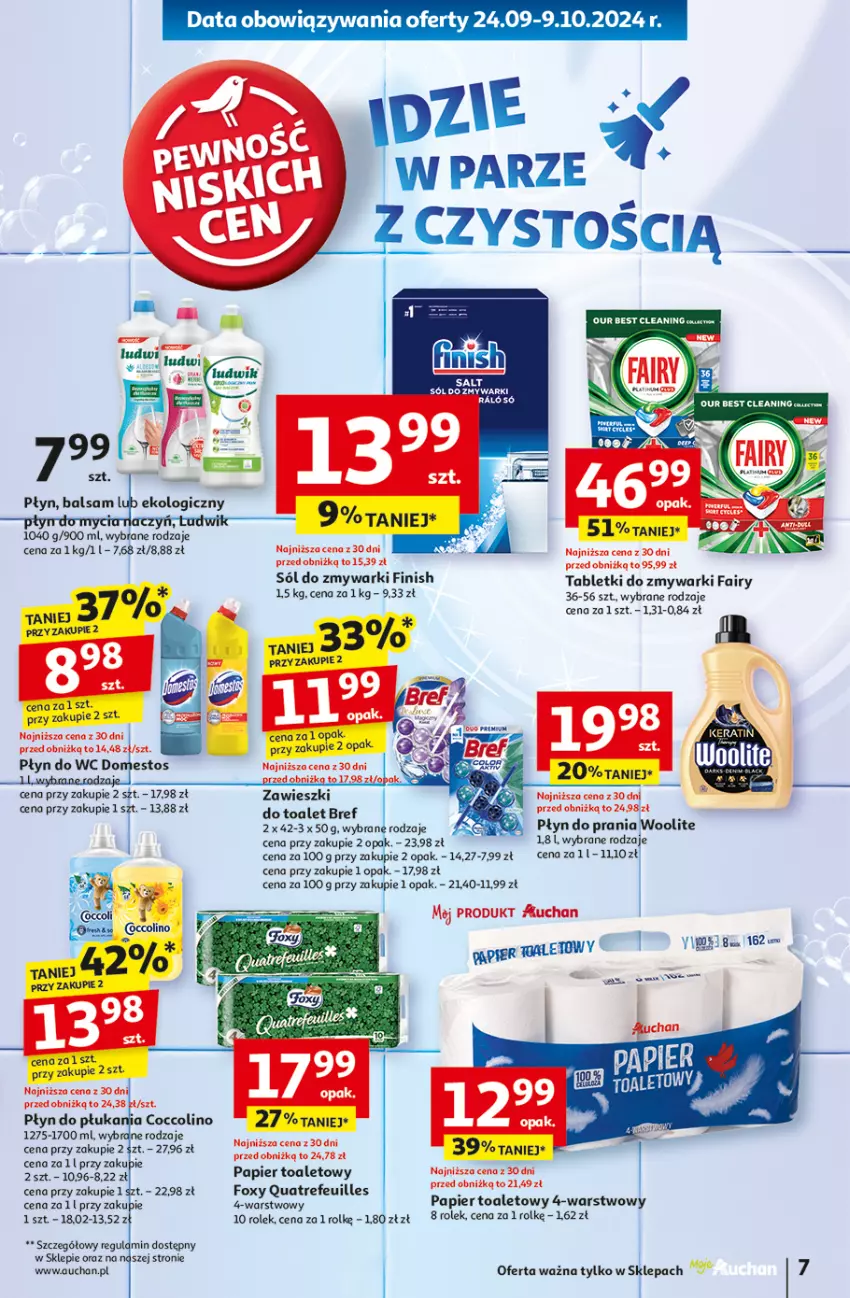 Gazetka promocyjna Auchan - Pewność Niskich Cen Moje - ważna 03.10 do 09.10.2024 - strona 9 - produkty: Bref, Coccolino, Fa, Fairy, Finish, Foxy, Pajac, Papier, Papier toaletowy, Płyn do płukania, Sól, Tablet, Tabletki do zmywarki, Woolite, Zawieszki, Zmywarki