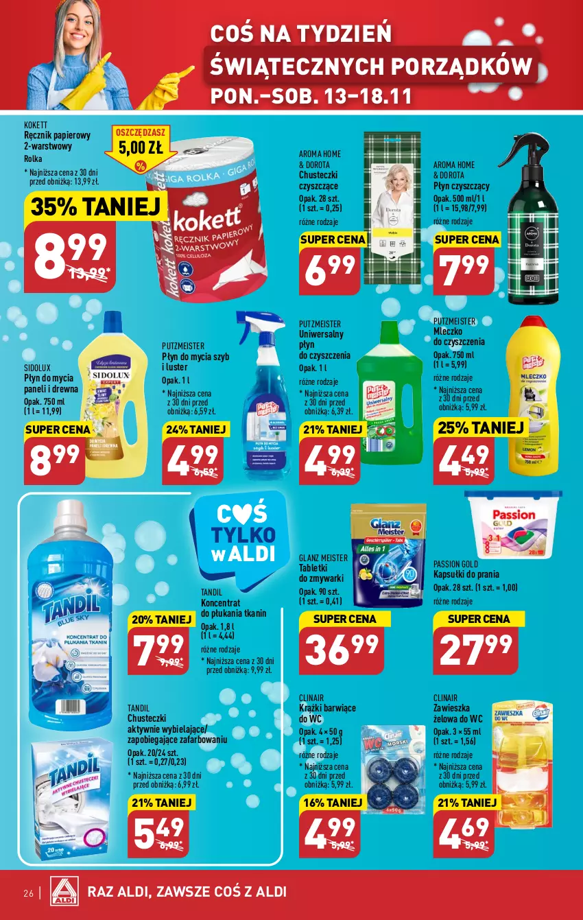 Gazetka promocyjna Aldi - Pełna oferta - ważna 13.11 do 18.11.2023 - strona 26 - produkty: Chusteczki, Clin, Fa, Kapsułki do prania, Mleczko, Papier, Płyn do mycia, Płyn do mycia paneli, Por, Putzmeister, Ręcznik, Sidolux, Tablet, Tabletki do zmywarki, Zmywarki