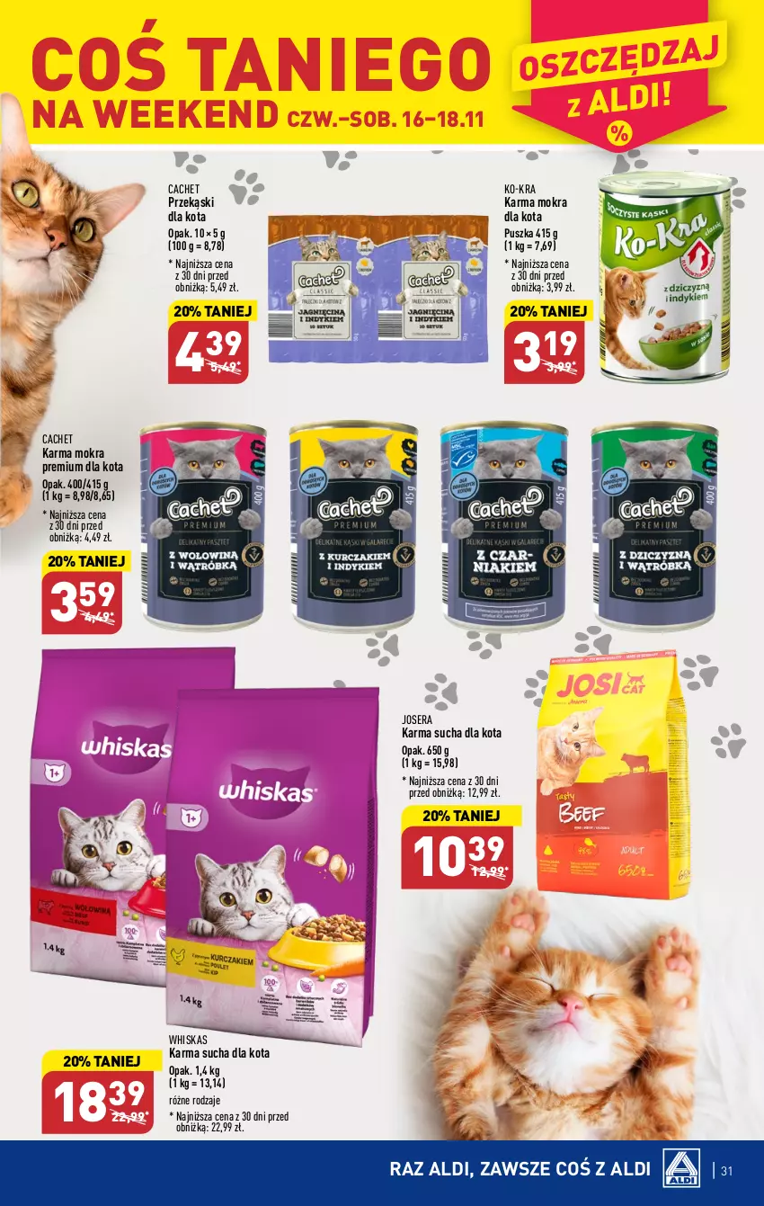 Gazetka promocyjna Aldi - Pełna oferta - ważna 13.11 do 18.11.2023 - strona 31 - produkty: Josera, Przekąski dla kota, Ser, Whiskas