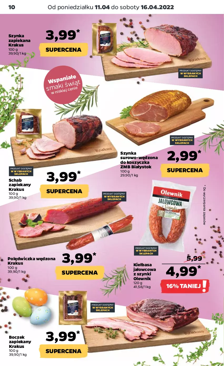 Gazetka promocyjna Netto - Gazetka spożywcza - ważna 11.04 do 16.04.2022 - strona 10 - produkty: Boczek, Kiełbasa, Kosz, Krakus, Olewnik, Szynka