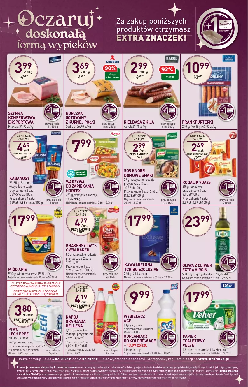 Gazetka promocyjna Stokrotka - Supermarket - ważna 06.02 do 12.02.2025 - strona 14 - produkty: Berlinki, Frankfurterki, Gin, Gra, Hellena, Hortex, HP, Kabanos, Kakao, Kawa, Kawa mielona, Kiełbasa, Knorr, Krakersy, Krakus, Kurczak, Kurczak gotowany, Lay’s, Miód, Morliny, Napój, Odplamiacz, Oliwa, Oliwa z oliwek, Oranżada, Papier, Papier toaletowy, Piwa, Piwo, Por, Rogal, Rum, Ser, Sos, Sport, Szynka, Szynka konserwowa, Tchibo, Velvet, Warzywa