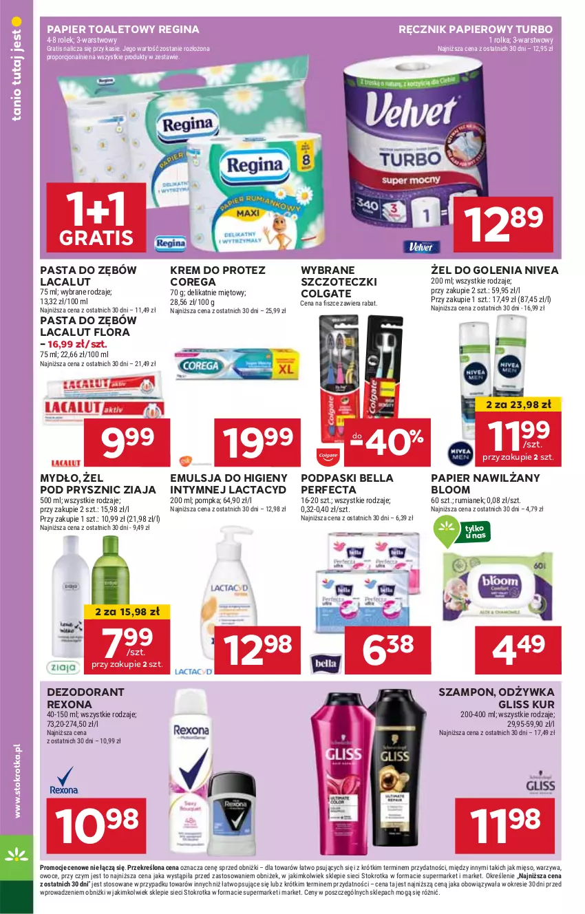 Gazetka promocyjna Stokrotka - Supermarket - ważna 06.02 do 12.02.2025 - strona 38 - produkty: Bell, Bella, Colgate, Corega, Dezodorant, Emulsja, Flora, Gin, Gliss Kur, Gra, HP, Lacalut, Lactacyd, LG, Mydło, Nivea, Odżywka, Papier, Papier toaletowy, Pasta do zębów, Perfecta, Podpaski, Ręcznik, Rexona, Szampon, Ziaja